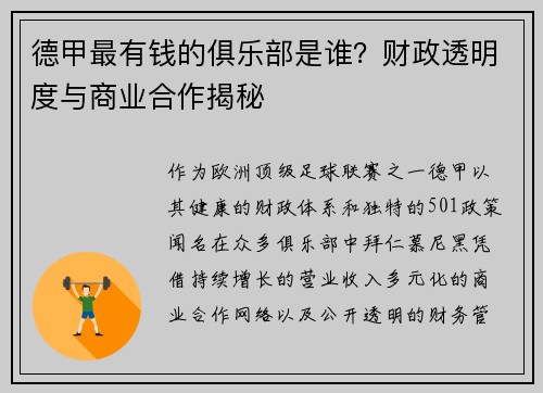 德甲最有钱的俱乐部是谁？财政透明度与商业合作揭秘
